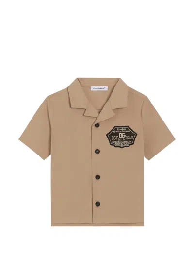 Dolce & Gabbana Babies' Poplin Shirt With Dg Patch In Brown