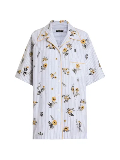 Dolce & Gabbana Poplin Shirt With Floral Embroidery In Blue