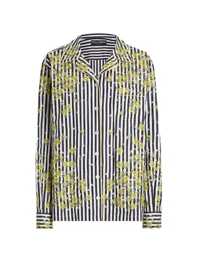 Dolce & Gabbana Poplin Shirt With Flower Embroidery In Blue