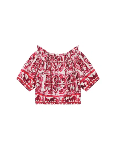 Dolce & Gabbana Kids' Poplin Top With Fuchsia Majolica Print In Pink