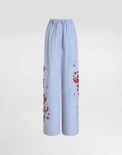 Dolce & Gabbana Poplin Trousers With Cherry Tree Embroidery In Blue