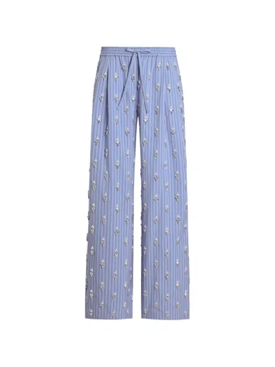 Dolce & Gabbana Poplin Trousers With Crystal Flower Embroidery In Blue