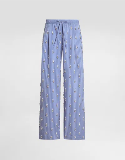 Dolce & Gabbana Poplin Trousers With Crystal Flower Embroidery In Multi