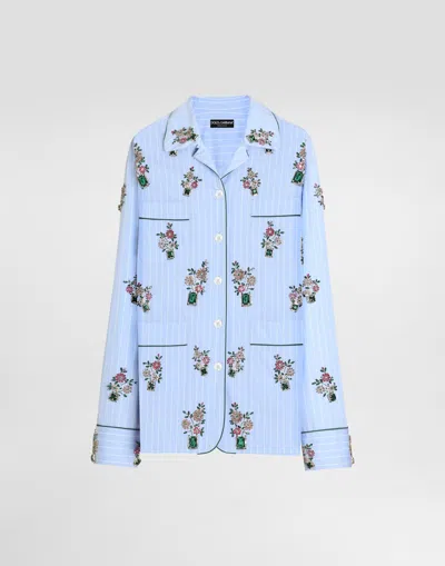 Dolce & Gabbana Poplin Vanity Shirt With Crystal Flower Embroidery In Blue