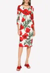 Dolce & Gabbana Poppy Print Silk Charmeuse Midi Dress In Multicolor