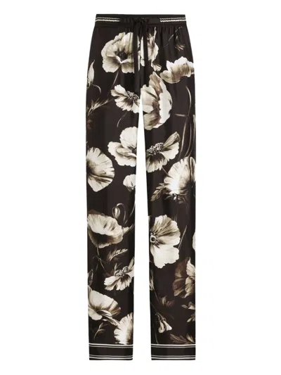 Dolce & Gabbana Poppy-print Drawstring Trousers In Brown