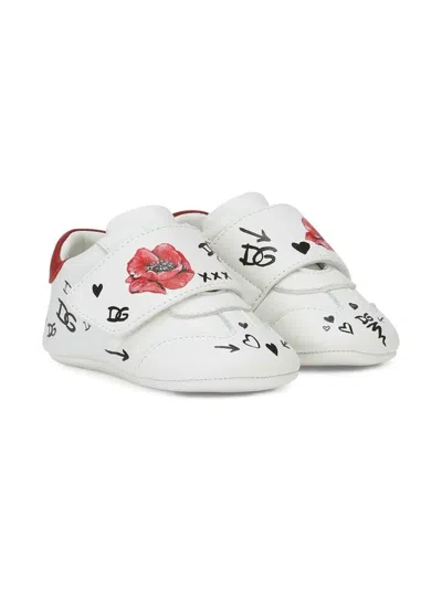 Dolce & Gabbana Babies' Floral Logo-print Leather Trainers In White