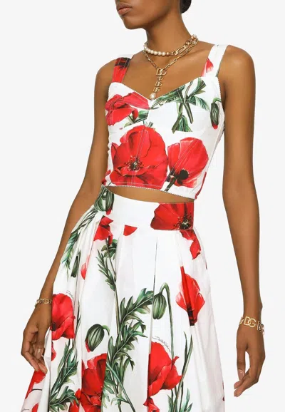 Dolce & Gabbana Poppy-print Poplin Corset Top In White Red