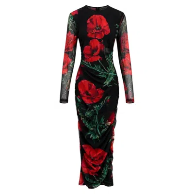 Pre-owned Dolce & Gabbana Poppy Print Ruched Mesh Midi Dress In Black
