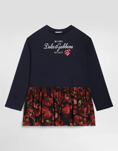 Dolce & Gabbana Kids' Poppy-print Cotton Dress In Blue