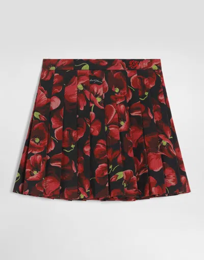 Dolce & Gabbana Kids' Poppy-print Flannel Skirt In Red