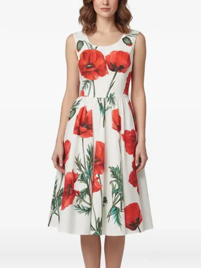 Pre-owned Dolce & Gabbana Poppy-print Flared Midi Dress In White