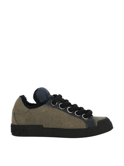 Dolce & Gabbana Denim Patchwork Portofino Sneakers In Navy