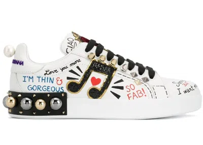Pre-owned Dolce & Gabbana Portofino Applique Music Note (women's) Sneakers In White/black