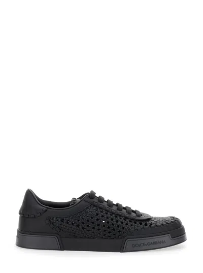 DOLCE & GABBANA DOLCE & GABBANA 'PORTOFINO' BLACK SNEAKERS WITH MESH INSERTS AND EMBOSSED LOGO ON THE SIDE IN LEATHE