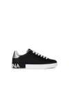 Dolce & Gabbana Portofino Sneakers In Black Leather With Silver Inserts In Black