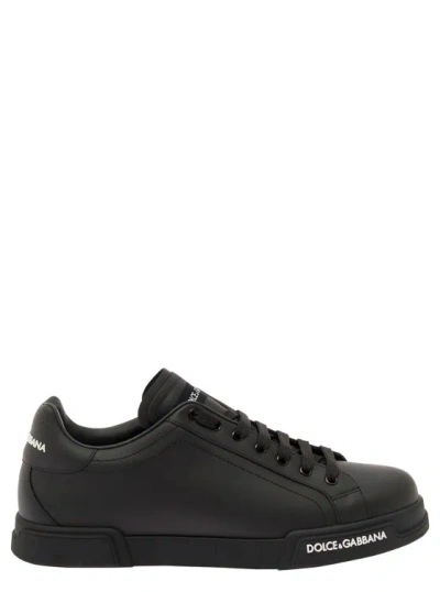 Dolce & Gabbana Portofino Black Low Top Trainers With Contrasting Logo Detail In Leather Man