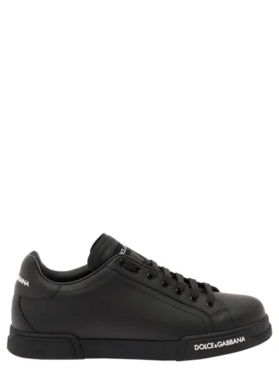 Dolce & Gabbana 'portofino' Black Low Top Sneakers With Contrasting Logo Detail In Leather Man