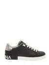 Dolce & Gabbana Portofino Black Low Top Sneakers With Metal Heel Tab And Logo Patch In Leather Man