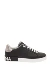 Dolce & Gabbana Portofino Black Low Top Sneakers With Metal Heel Tab And Logo Patch In Leather Man