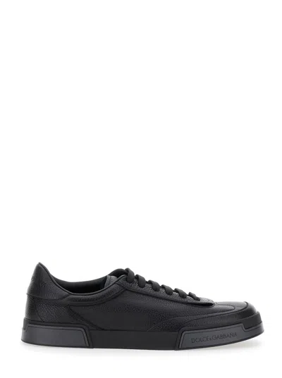 DOLCE & GABBANA 'PORTOFINO' BLACK SNEAKER WITH LOGO PRINT ON THE SOLE IN HAMMERED LEATHER MAN
