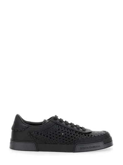 DOLCE & GABBANA 'PORTOFINO' BLACK SNEAKERS WITH MESH INSERTS AND EMBOSSED LOGO ON THE SIDE