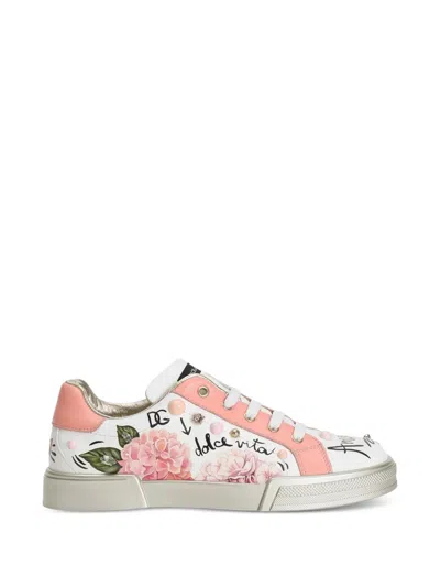 Dolce & Gabbana Kids' Portofino Calfskin Sneakers With Embroidery In White