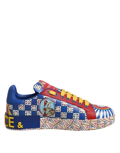 Dolce & Gabbana Portofino Carretto Printed Leather Sneakers Shoes In Multi