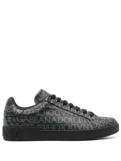 Dolce & Gabbana Portofino Coated Jacquard Sneakers In Black