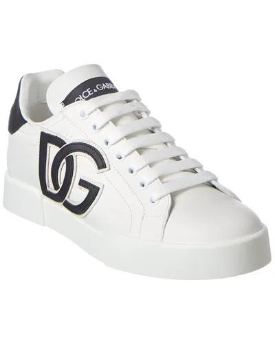 Dolce & Gabbana Portofino Dg Logo Leather Sneaker In White