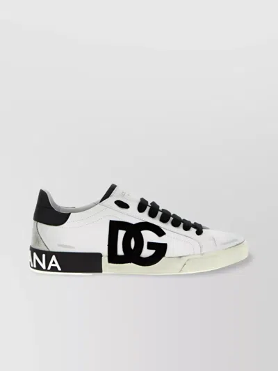 Dolce & Gabbana Portofino Distressed Leather Sneakers In White