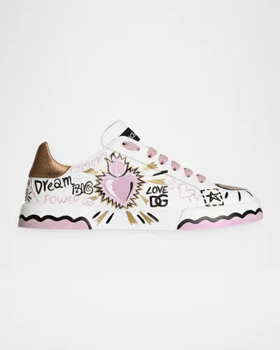Dolce & Gabbana Portofino Doodle Leather Low-top Sneakers In White
