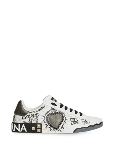 Dolce & Gabbana Portofino Studded Calf Leather Sneakers With Lettering Logo In Multi