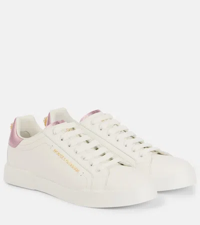 Dolce & Gabbana Portofino Embellished Leather Sneakers In White