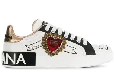 Pre-owned Dolce & Gabbana Portofino Embroidered Heart (women's) Sneakers In White/black In Multi