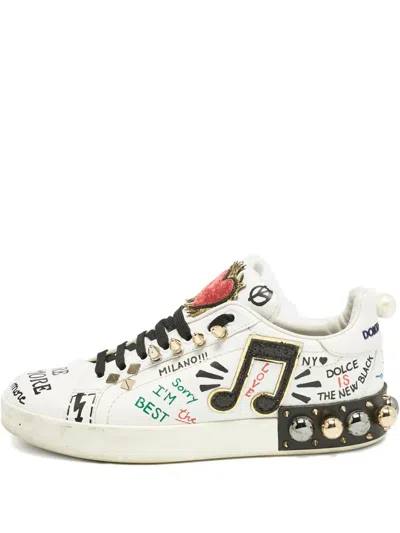 Pre-owned Dolce & Gabbana Portofino Graffiti Heart Lace-up Sneakers In White