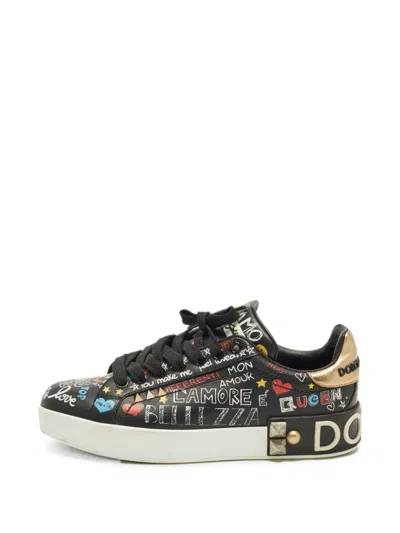 Pre-owned Dolce & Gabbana Portofino Graffiti-print Sneakers In Black