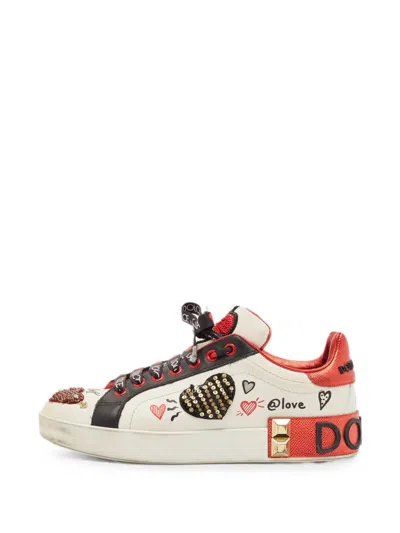 Pre-owned Dolce & Gabbana Portofino Heart-embellished Sneakers In White