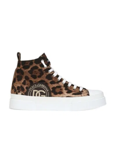 Dolce & Gabbana Portofino High-top Leopard Print Sneakers In White