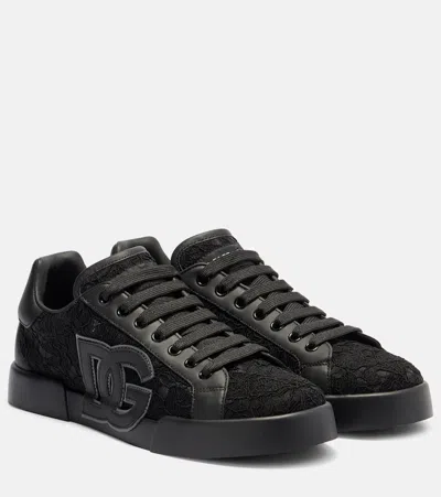 Dolce & Gabbana Portofino Lace-trimmed Leather Sneakers