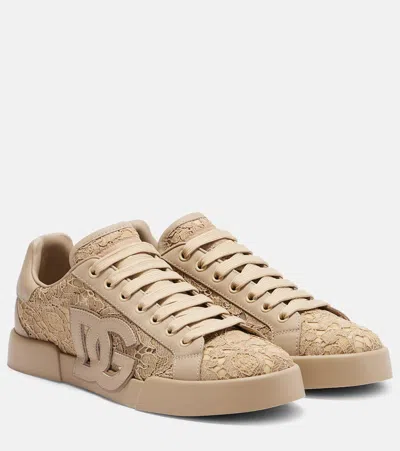 DOLCE & GABBANA PORTOFINO LACE-TRIMMED LEATHER SNEAKERS