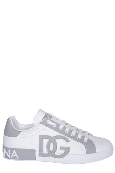 Dolce & Gabbana Portofino Lace-up Sneakers In White Grey