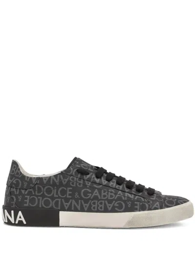 Dolce & Gabbana Portofino Leather And Fabric Low-top Sneakers In Black