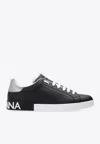 Dolce & Gabbana Portofino Sneakers In Black Leather With Silver Inserts In Black