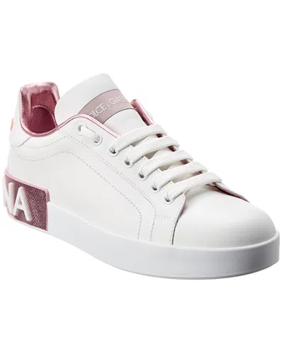 Dolce & Gabbana Portofino Leather Sneakers In White And Pink In Multi