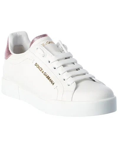 Dolce & Gabbana Women Portofino Leather Low-top Sneakers With Lateral Lettering Logo In White