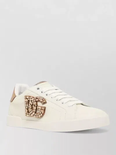 Dolce & Gabbana Portofino Leather Sneakers Contrast Heel Low In White