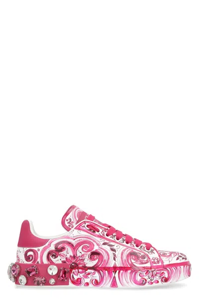 Dolce & Gabbana Portofino Leather Sneakers In Pink