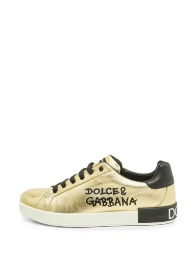 Pre-owned Dolce & Gabbana Portofino Leather Sneakers In Gold
