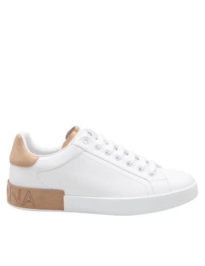 Dolce & Gabbana Portofino Leather Sneakers In White And Tan